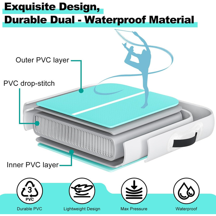 Надувна гімнастична килимок, 2м/3м/4м/5м/6м, 10см, для фітнесу, йоги, танців, сімейного відпочинку (зелений, 3м*1м*0.1м)