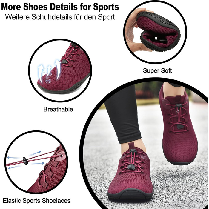 Geweo Взуття для пішохідної ходьби (Barfuss Schuhe) для жінок та чоловіків. Зручні кросівки з широкою передньою частиною, легкі спортивні тапочки для фітнесу, джогінгу, трейлу, хандрі. Zero-Drop підошва, унісекс, розміри 37-47 EU, винно-червоний колір.