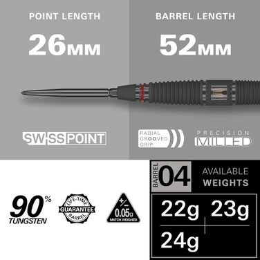 Професійний набір сталевих дротиків Target Darts Scope Swiss Point, 90% вольфрам, червоно-чорні, з інструментом, 21-25 г