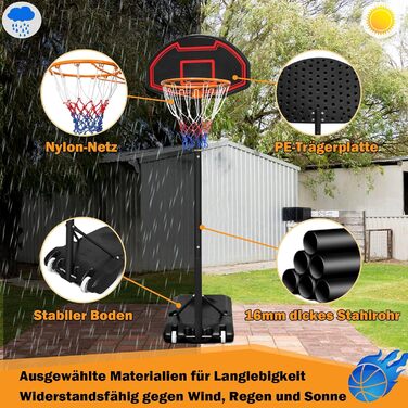Баскетбольний кошик UISEBRT вуличний з м'ячем та насосом для дітей - стійка 156-208 см, регульована висота, мобільна баскетбольна установка на колесах, міні кошик для гри в приміщенні та на вулиці