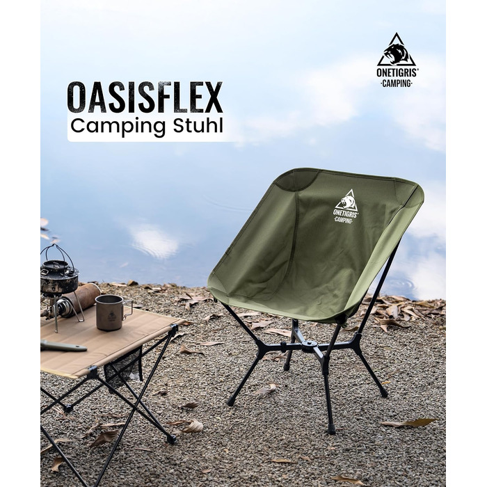 Складаний кемпінговий стілець OneTigris OASISFLEX, ультралегкий похідний стілець до 150 кг з двома бічними кишенями, Ranger Green