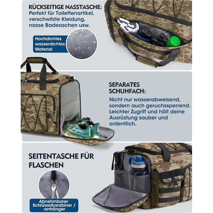 Спортивна сумка RAINSMORE 45L 3-в-1 для фітнесу та подорожей з відділенням для взуття та вологих речей, водонепроникна дорожня сумка (Хакі Камуфляж)