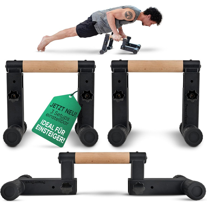 Ручки для віджимань POWERNOVA [3-в-1] - регульовані ручки для калістеніки, стійки на руках та віджимань | Захист зап'ясть, ідеальне обладнання для дому, спортзалу та в дорогу | З дерева