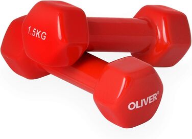 Набір вінілових гантелей Oliver 1,5 кг, 6 пар, червоні – для чоловіків і жінок, фітнесу, аеробіки, силових тренувань, спортзалу і дому