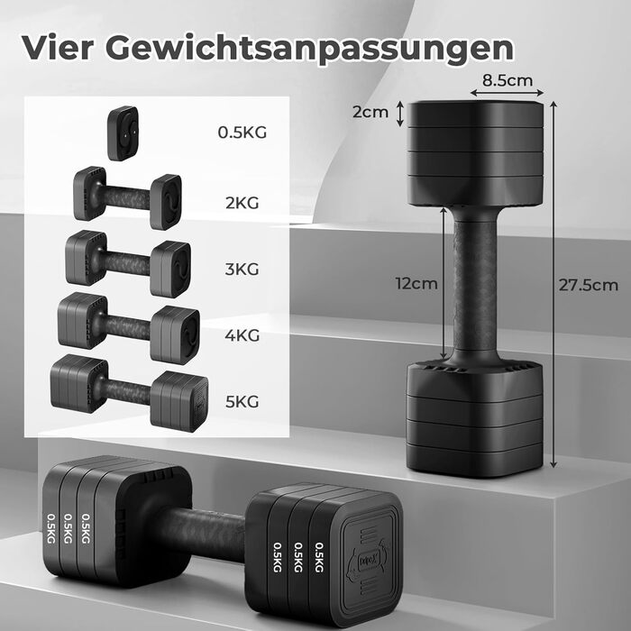 Набір гантелей Dripex регульовані 5 кг x2 або 2,5 кг x2, 6 швидкознімних дисків 0,5 кг/0,25 кг, чорний