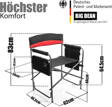 Крісло для кемпінгу BigDean 150 кг з столиком – складне крісло з підсклянником та кишенею. Якісне рибальське крісло сірого/чорного кольору. Складне крісло режисера (чорний/червоний)