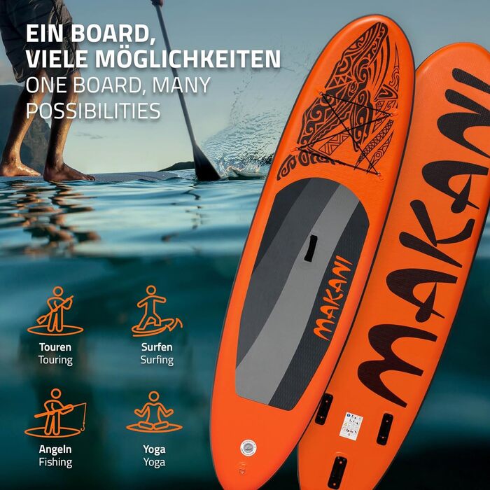 Надувна SUP-дошка ECD Germany Makani 305/308/320/380 см, PVC, до 120/150 кг, товщина 10/15 см, з каяк-сидінням, комплект із сумкою, веслом, для серфінгу та веслування, помаранчева