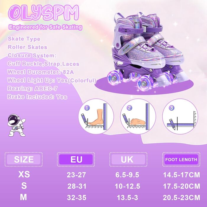 Дитячі ролики для дівчаток з регулюванням розміру, світловідбиваючі, з підсвічуванням коліс, для початківців, фіолетові (EU28-31)