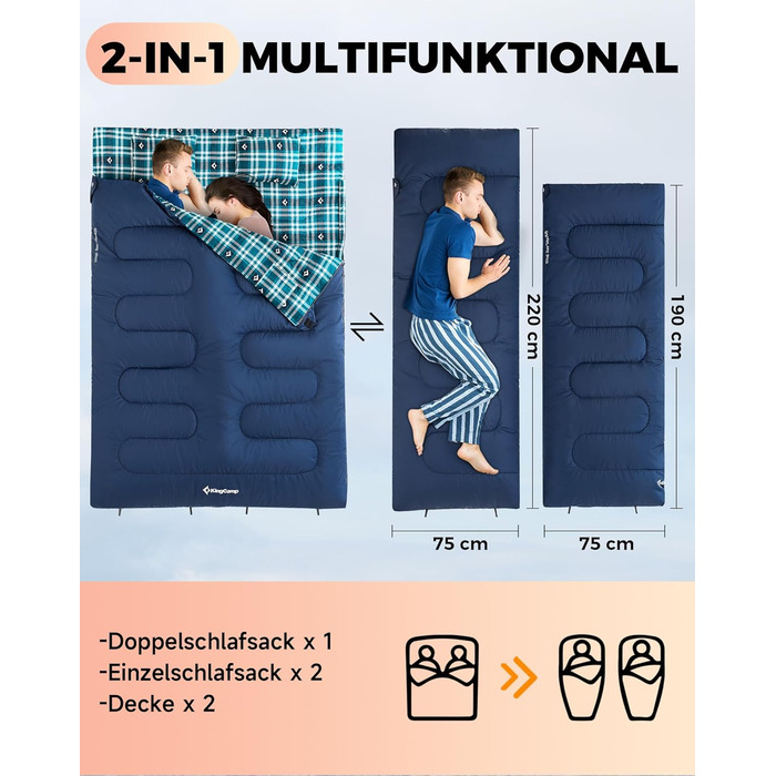 Спальний мішок KingCamp для 2 осіб з фланелі, зимовий, теплий, 3-4 сезони, з 2 подушками, для кемпінгу та відпочинку на природі, синій