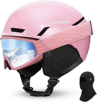 Шлем для лижного спорту Skihem DXH816 з маскою та захистом вух, для жінок та чоловіків, знімні навушники, дихаючий, захист від ударів, UV-захист, регульований, для сноуборду та лиж (Блискучий рожевий + лижні окуляри + маска, M)