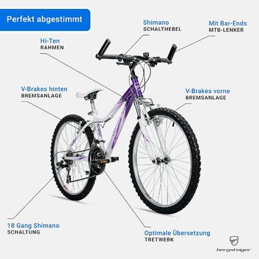 Дитячий велосипед Bergsteiger Verona 24 дюйми для дівчаток, 8-11 років, 18 швидкостей Shimano, гірський байк із амортизаційною вилкою, фіолетовий