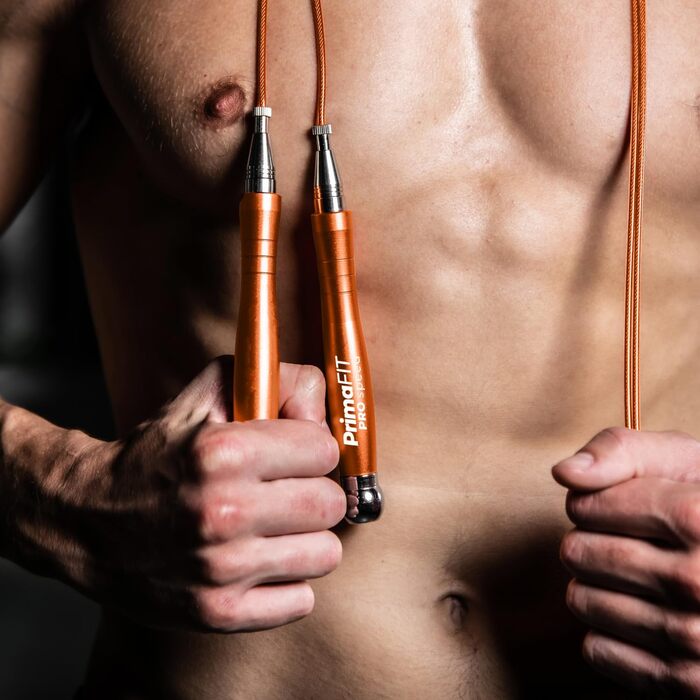 PrimaFIT Стрибкове канат для фітнесу та боксу: 3м, регульований, з вагами, 2 підшипники, антиковзні ручки, для MMA, Crossfit, та фітнесу (Помаранчевий)