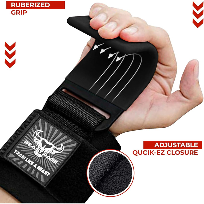 Набори для важкої атлетики BEAST RAGE: гаки для штанги, ремені на зап'ястя, неопренові, з підкладкою, гумовані, фітнес-бандажі, антиковзаючі, для тяги, тренувань, спортзалу, воркауту, чоловічі та жіночі (Чорний)