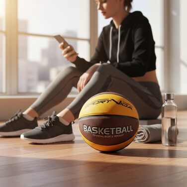 Баскетбольний м'яч SportVida, розмір 7 - для залу та вулиці, преміум PU-шкіра, антиковзкий, для бетону та залу, офіційний розмір (75-78 см), коричнево-жовтий