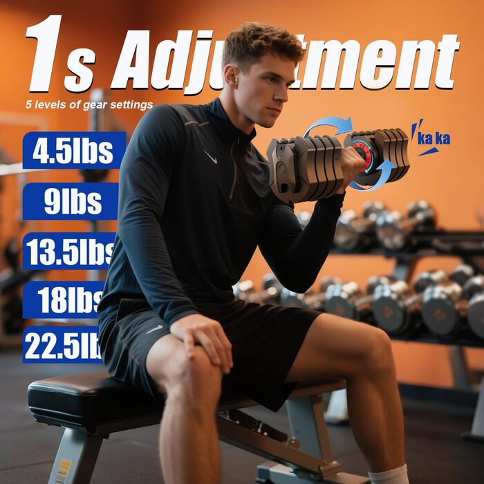 LEEKEY Регульовані гантелі, набір, 10.2 кг - для фітнесу та тренувань, антиковзний грип, швидке налаштування ваги