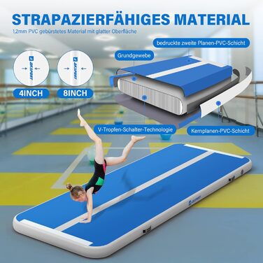 AKSPORT Надувний гімнастичний мат з повітряною подушкою, 3/4/5/6м, 10/20см, 300x100x10см, синій