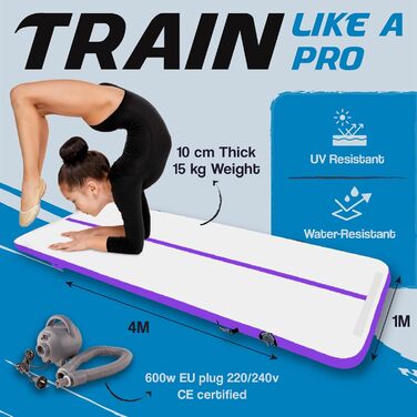 Надувна гімнастична матка AirTrack Nordic Standard з насосом, 3/4/5/6/7/8 метрів, для гімнастики, йоги, дому. Міцна та легка у транспортуванні. Колір: фіолетовий