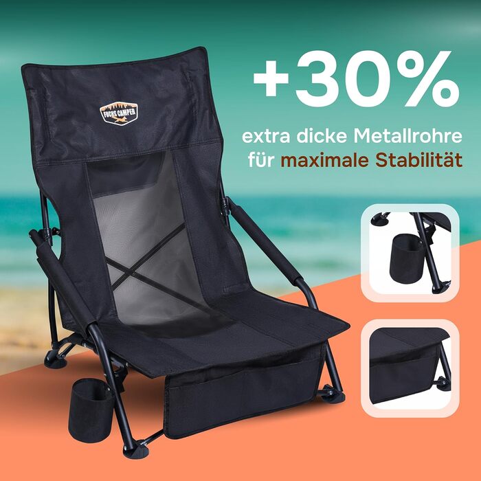 Крісло для кемпінгу Fuchs Camper Strandstuhl – розкладне, з високою спинкою та сіткою, з підстаканником та кишенею, чорне, вантажопідйомність 150 кг