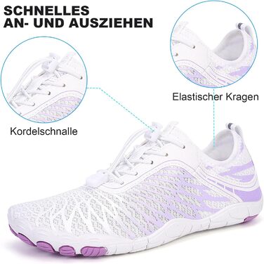 RUYI Взуття для пішоходів без шкарпеток унісекс, швидковисихаюче, для плавання, м'яке, легке, трейлраннінг, фітнес, з неслизькою підошвою та широкою передньою частиною (A09 Білий/Фіолетовий, 41 EU)