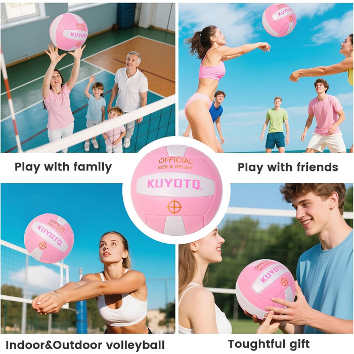 Волейбольний м'яч KUYOTQ рожевий, розмір 5, товста поверхня 3 мм з м'якої шкірозамінника - для гри на пляжі та тренувань, підходить для підлітків та дорослих