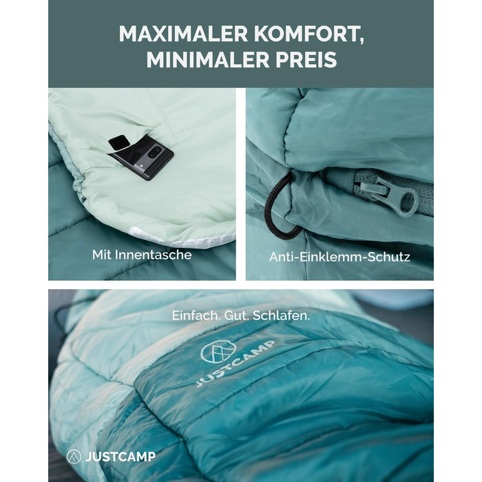 Спальний мішок Justcamp Melvin XXL 4 сезони для дорослих, м'ятний колір
