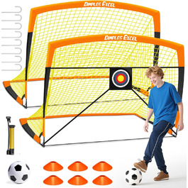 Ворота для футболу Dimples Excel Pop-Up – розкладні для дітей | 1 або 2 шт. у розмірах 120x90 / 152x110 / 213x152 см | 3 кольори на вибір | Опційно з м'ячем, насосом, фігурками та мішенню | Для саду та як подарунок (2-152x110 Оранжевий+Аксесуари)