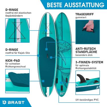 Надувна SUP-дошка BRAST Shark 300-320 см з аксесуарами: весло 2-в-1, сидіння для каяка, тримач для камери, ремінь на ногу, насос, рюкзак, гарантія 5 років