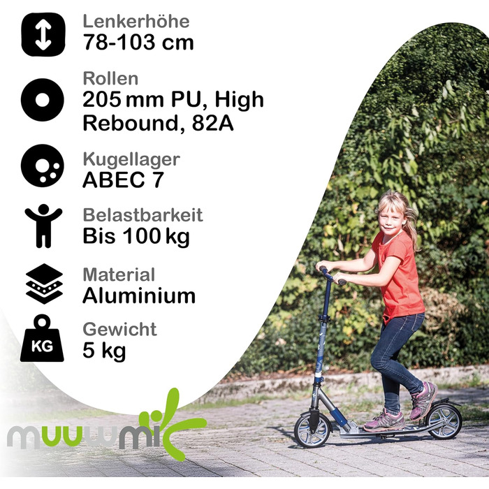 Самокат трюковий muuwmi Aluminium Scooter Deluxe 205мм ABEC 7 сіро-блакитний - для дітей та дорослих, регульована висота, сертифікат GS
