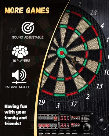 Електронний дартс Dartscheibe з шафою та 12 дротиками: Професійний E-дартс з дерев'яними дверцятами (Чорний)