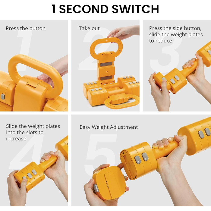 Набір 2-в-1: Регульовані гантелі та м'ячики-гантелі для фітнесу вдома, 4 ступені ваги (1-2.5 кг), для жінок, з антиковзним кріпленням. Жовтий колір.