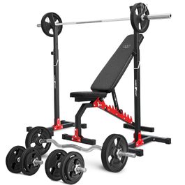 Фітнес-набір Marbo Sport-Set MH7: регульована лава для штанги, стійка, SZ-гриф, гриф для гантелей та гумовані вагові диски, 83/113 кг