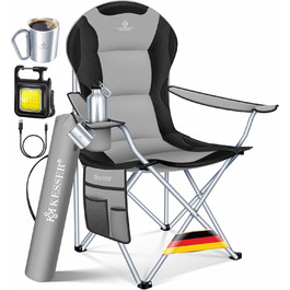 Крісло для кемпінгу KESSER® з підлокітниками, високою спинкою, місткістю до 150 кг, сіре/чорне, з підсвіткою та тримачем для напоїв
