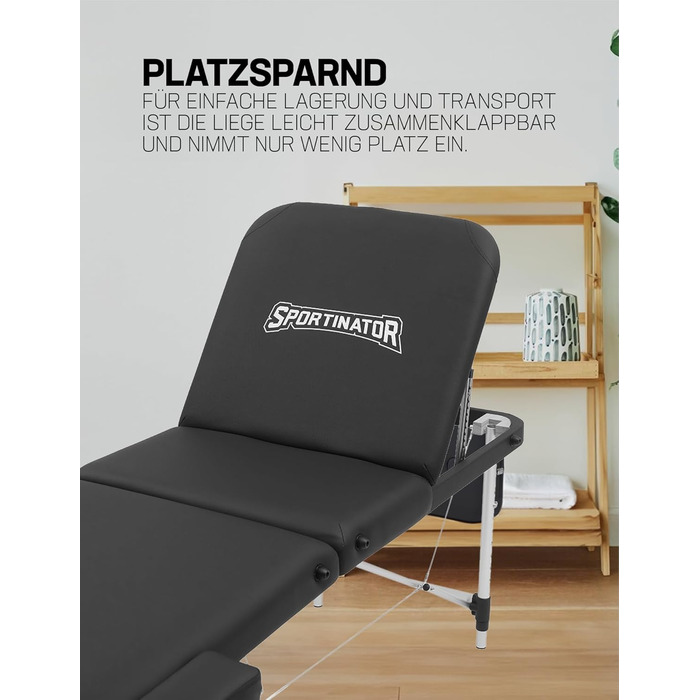 Масажний стіл SPORTINATOR Premium 3-зонний, 4 см м'яка оббивка, регульована висота, навантаження до 180 кг, чорний