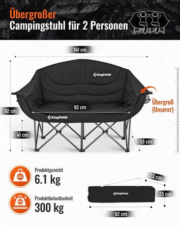 Кемпінговий диван KingCamp для відпочинку на 2 особи, розкладний, чорний, до 300 кг