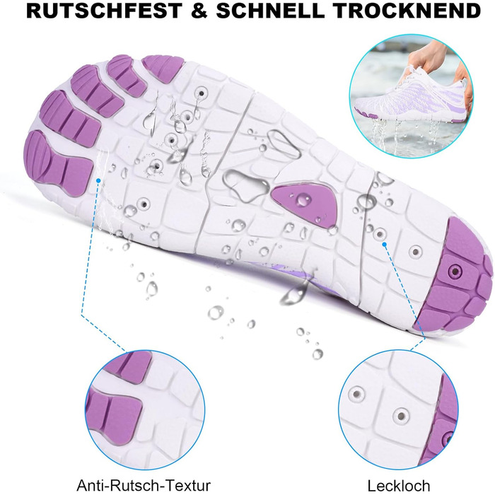 RUYI Взуття для пішоходів без шкарпеток унісекс, швидковисихаюче, для плавання, м'яке, легке, трейлраннінг, фітнес, з неслизькою підошвою та широкою передньою частиною (A09 Білий/Фіолетовий, 41 EU)