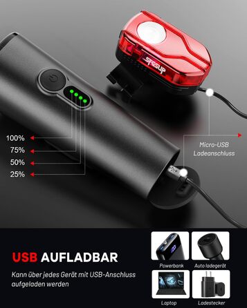 Набір велосипедних ліхтарів SFGSUP LED з USB зарядкою, водонепроникні (IPX5), схвалені StVZO