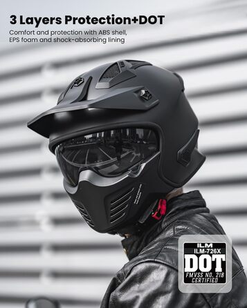 Мотошолом інтегральний IL Helmets 726X XL чорний матовий, ретро-вінтажний стиль, з візором, ECE сертифікат, для чоловіків та жінок, крос/ендуро