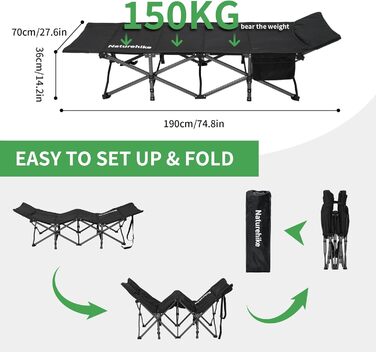 Розкладне ліжко для кемпінгу Naturehike з подушкою, 190x70x48 см, з утеплювачем, до 150 кг, портативне