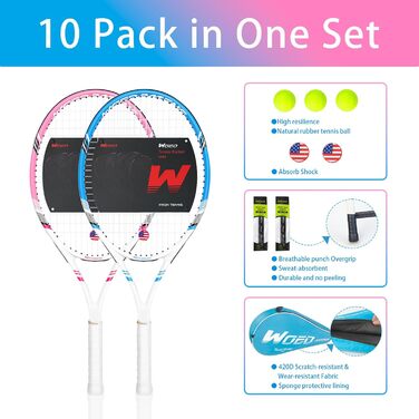 Тенісна ракетка для дорослих, 2 шт. для гри вдвох, 69 см, швидка, підходить для початківців та професіоналів, з 3 тенісними м'ячами, 2 демпферами вібрації, 2 оверґріпами, сумка для тенісу (рожево-блакитна)