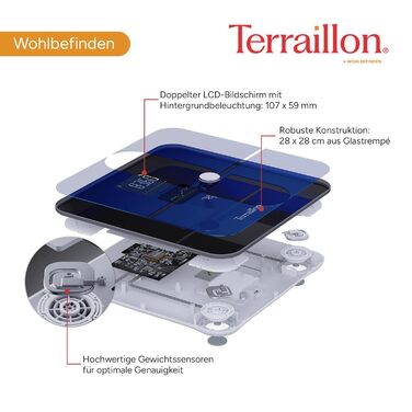 TERRAILLON COLOR CONNECT - Розумна вага з Bluetooth, вимірювання серцевого ритму, маси тіла: жир, м'язове, кісткове, BMI, ємність 180 кг, шкала 50 г, мультидисплей, колір блакитний