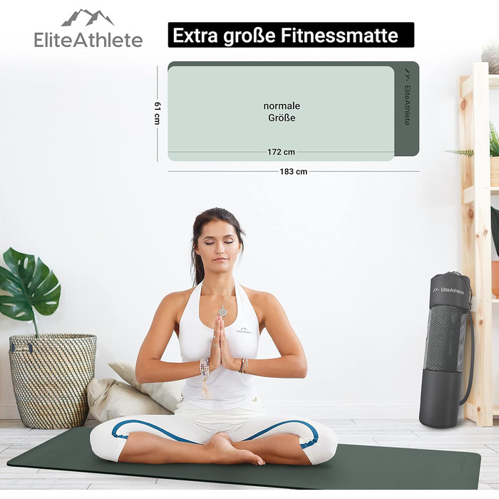 Килимок для йоги EliteAthlete 183×61×0,6 см, нековзкий, з ременем і сумкою, для фітнесу, пілатесу, тренувань, Deep Forest
