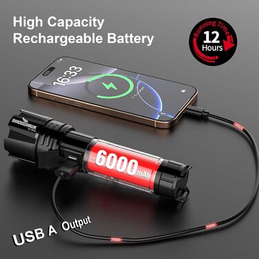 Потужний ліхтарик XHP70.2 LED з регулюванням фокусу, 2000 люмен, водонепроникний (IP67), 5 режимів, перезаряджається. Ідеальний для дому, кемпінгу, походів та поліції.