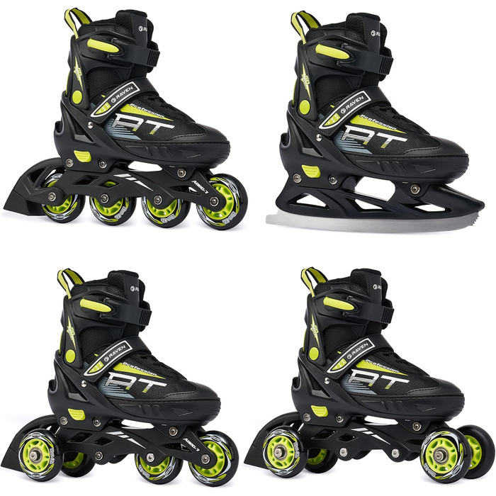 Інлайнерожі RAVEN Profession 4in1 чорного та лаймового кольору, регульовані 31-35 (20,5-23 см), для дітей та дорослих