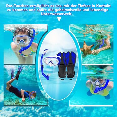 Набір для снорклінгу для дітей з ластами, маска з панорамою 180° та сухим снорклом, блакитний