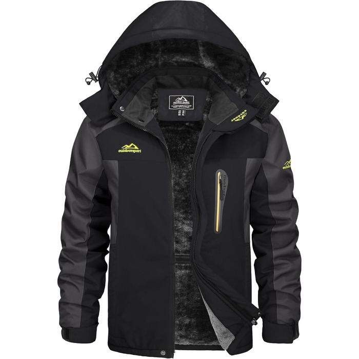 Зимова куртка KEFITEVD для чоловіків, водонепроникна, тепла, з підкладкою, для катання на лижах, зимова, спортивна, вітронепроникна, дихаюча, знімний капюшон (S, чорно-сіра)