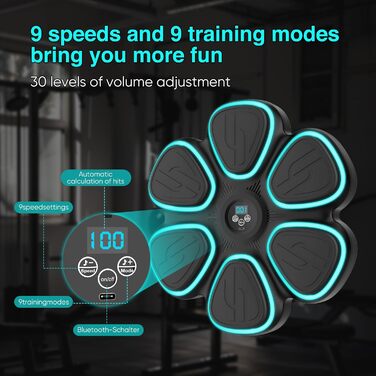 Музична боксерська машина Doramier з Bluetooth, LED-підсвічуванням та 2 парами рукавичок. 9 режимів тренування, підрахунок ударів, для дорослих та дітей. Чорний колір