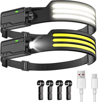 LED налобний ліхтар з акумулятором 1200mAh, датчик руху, 3 LED, 6 режимів, 230° кут огляду, для дорослих та дітей, кемпінг, біг, походи, велоспорт, 2 шт.