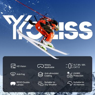 YOZISS Оргaнічні снігові окуляри OTG для чоловіків та жінок, магнітні сноуборд окуляри з захистом від запотівання та 100% UV-захистом, снігові окуляри для катання на лижах та зимових видів спорту, біло-срібні