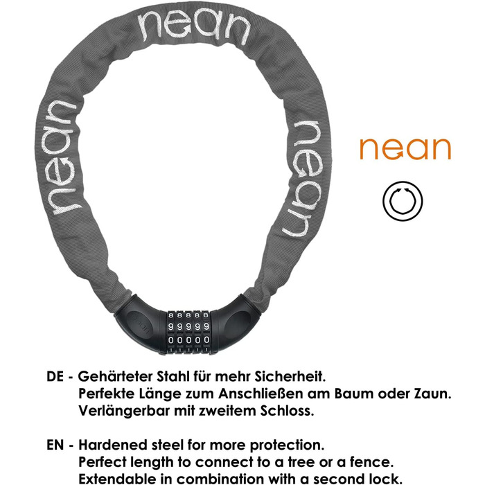 Велосипедне замкове обладнання Nean: надійний замок з кодом, сталевий ланцюг 6 мм x 900 мм (сірий)