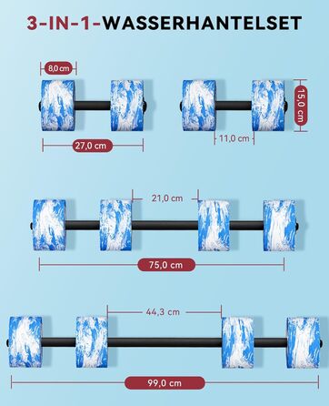 Набір аквагантелів HAPBEAR 3-в-1 з'єднувальною штангою (2 шт.) – для аквафітнесу, реабілітації та плавання, блакитний